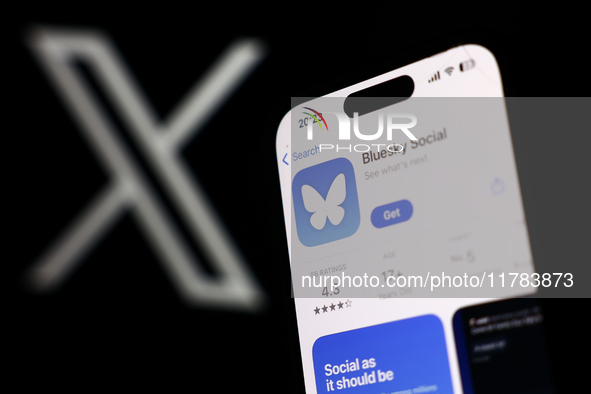 X logo displayed on a laptop screen and Bluesky Social on App Store displayed on a phone screen are seen in this illustration photo taken in...