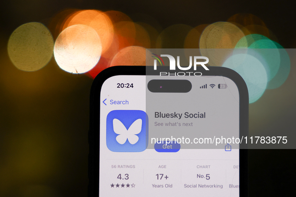 Bluesky Social on App Store displayed on a phone screen is seen in this illustration photo taken in Poland on November 16, 2024. 