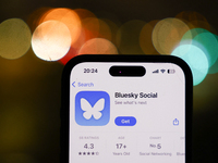 Bluesky Social on App Store displayed on a phone screen is seen in this illustration photo taken in Poland on November 16, 2024. (