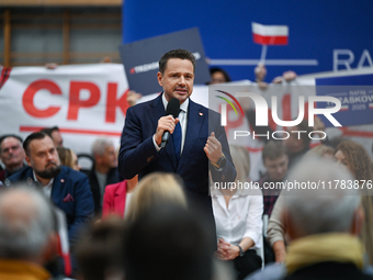 KRAKOW, POLAND - NOVEMBER 16:
Members of the right-wing political party New Hope hold a banner reading 'CPK in Poland, not in Berlin' during...