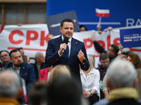 KRAKOW, POLAND - NOVEMBER 16:
Members of the right-wing political party New Hope hold a banner reading 'CPK in Poland, not in Berlin' during...