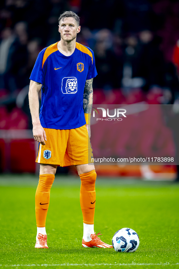 Netherlands forward Wout Weghorst participates in the match between the Netherlands and Hungary at the Johan Cruijff ArenA for the UEFA Nati...