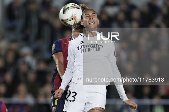 Maelle Lakrar of Real Madrid and Ewa Pajor of FC Barcelona are in action during the LIGA F match between Real Madrid and FC Barcelona at Alf...