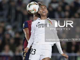 Maelle Lakrar of Real Madrid and Ewa Pajor of FC Barcelona are in action during the LIGA F match between Real Madrid and FC Barcelona at Alf...