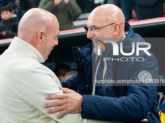 In Copenhagen, Denmark, on November 15, 2024, Brian Riemer, the head coach of Denmark, greets Luis de la Fuente, the head coach of Spain, be...