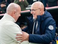 In Copenhagen, Denmark, on November 15, 2024, Brian Riemer, the head coach of Denmark, greets Luis de la Fuente, the head coach of Spain, be...