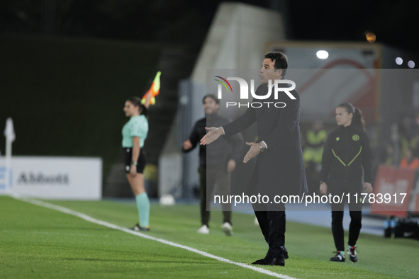 In Madrid, Spain, on November 16, Real Madrid coach Alberto Toril is present during the LIGA F match between Real Madrid and FC Barcelona at...