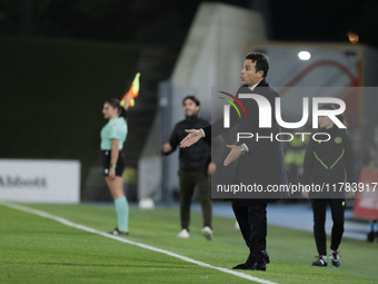 In Madrid, Spain, on November 16, Real Madrid coach Alberto Toril is present during the LIGA F match between Real Madrid and FC Barcelona at...