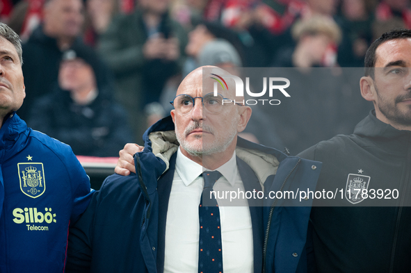 Luis de la Fuente is the head coach of Spain during the UEFA Nations League 2024/25 League A Group A4 match between Denmark and Spain at Par...