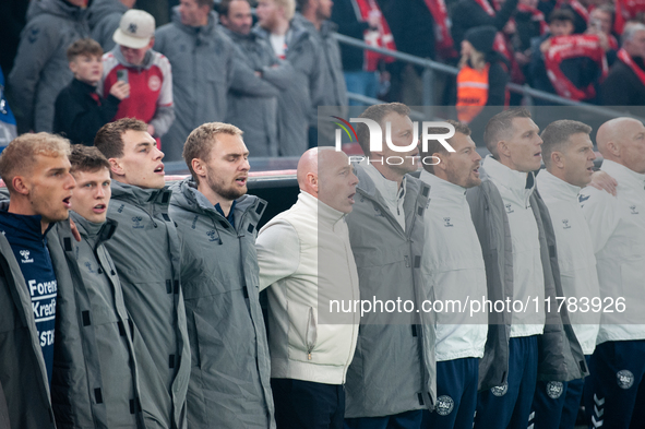 Brian Riemer, the head coach of Denmark, stands during the UEFA Nations League 2024/25 League A Group A4 match between Denmark and Spain at...