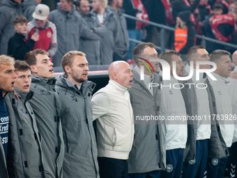 Brian Riemer, the head coach of Denmark, stands during the UEFA Nations League 2024/25 League A Group A4 match between Denmark and Spain at...