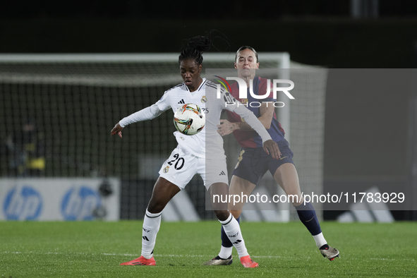 Naomie Feller of Real Madrid and Mapi Leon of FC Barcelona fight for the ball during the LIGA F match between Real Madrid and FC Barcelona a...