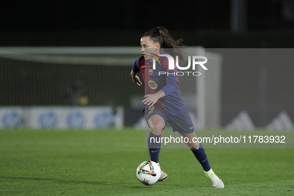 Claudia Pina of FC Barcelona is in action during the LIGA F match between Real Madrid and FC Barcelona at Alfredo Di Stefano stadium in Madr...