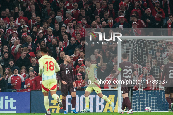 Mikel Oyarzabal of Spain celebrates the team's first goal during the Nations League Round 5 match between Denmark and Spain at Parken Stadiu...