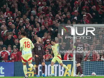 Mikel Oyarzabal of Spain celebrates the team's first goal during the Nations League Round 5 match between Denmark and Spain at Parken Stadiu...