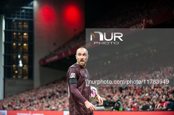 Christian Eriksen of Denmark participates in the Nations League Round 5 match between Denmark and Spain at Parken Stadium in Copenhagen, Den...