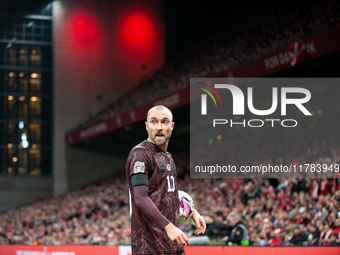 Christian Eriksen of Denmark participates in the Nations League Round 5 match between Denmark and Spain at Parken Stadium in Copenhagen, Den...