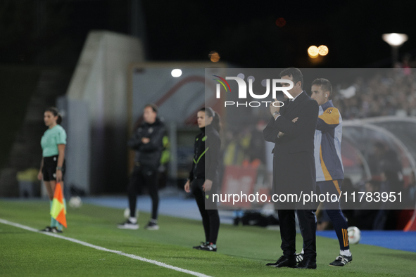 In Madrid, Spain, on November 16, Real Madrid coach Alberto Toril is present during the LIGA F match between Real Madrid and FC Barcelona at...