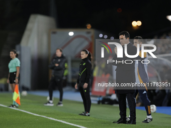 In Madrid, Spain, on November 16, Real Madrid coach Alberto Toril is present during the LIGA F match between Real Madrid and FC Barcelona at...