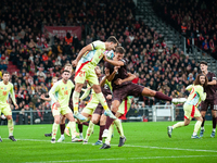 Rasmus Hjulmand of Denmark heads the ball during the Nations League Round 5 match between Denmark and Spain at Parken Stadium in Copenhagen,...