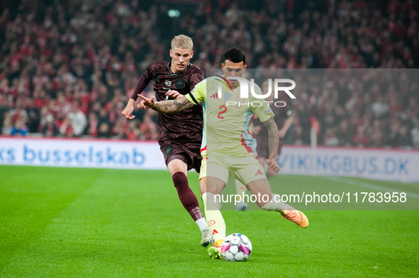 Pedro Porro of Spain controls the ball during the Nations League Round 5 match between Denmark and Spain at Parken Stadium in Copenhagen, De...