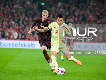 Pedro Porro of Spain controls the ball during the Nations League Round 5 match between Denmark and Spain at Parken Stadium in Copenhagen, De...