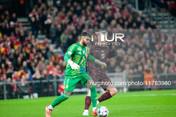 David Raya of Spain controls the ball during the Nations League Round 5 match between Denmark and Spain at Parken Stadium in Copenhagen, Den...