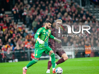 David Raya of Spain controls the ball during the Nations League Round 5 match between Denmark and Spain at Parken Stadium in Copenhagen, Den...