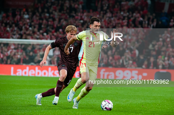 Mikel Oyarzabal of Spain controls the ball during the Nations League Round 5 match between Denmark and Spain at Parken Stadium in Copenhagen...