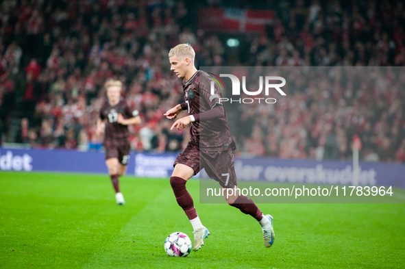 Albert Gronbaek of Denmark controls the ball during the Nations League Round 5 match between Denmark and Spain at Parken Stadium in Copenhag...