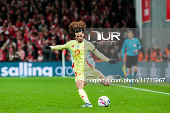 Marc Cucurella of Spain participates in the Nations League Round 5 match between Denmark and Spain at Parken Stadium in Copenhagen, Denmark,...