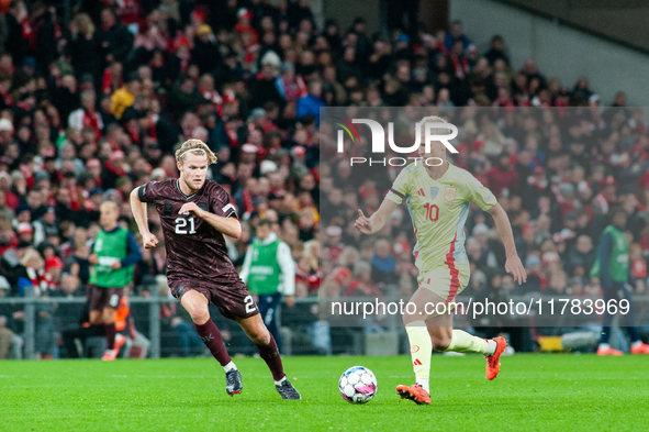 Dani Olmo of Spain participates in the Nations League Round 5 match between Denmark and Spain at Parken Stadium in Copenhagen, Denmark, on N...