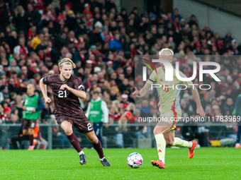 Dani Olmo of Spain participates in the Nations League Round 5 match between Denmark and Spain at Parken Stadium in Copenhagen, Denmark, on N...