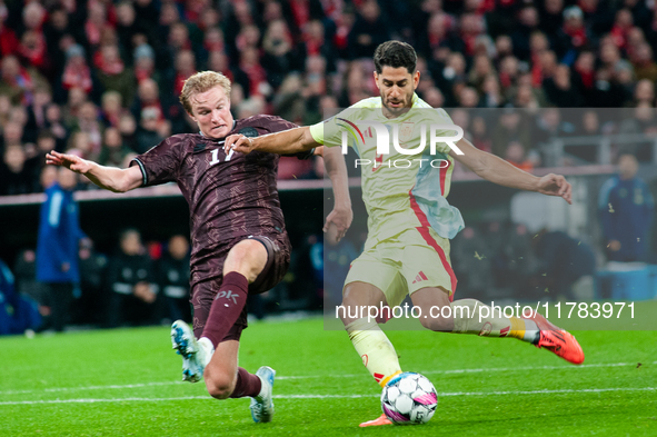 Ayoze Perez of Spain scores the team's second goal during the Nations League Round 5 match between Denmark and Spain at Parken Stadium in Co...