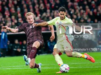 Ayoze Perez of Spain scores the team's second goal during the Nations League Round 5 match between Denmark and Spain at Parken Stadium in Co...