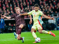 Ayoze Perez of Spain scores the team's second goal during the Nations League Round 5 match between Denmark and Spain at Parken Stadium in Co...