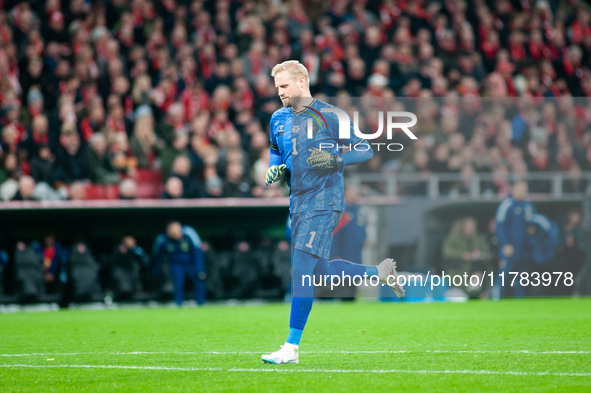 Kasper Schmeichel of Denmark participates in the UEFA Nations League 2024/25 League A Group A4 match between Denmark and Spain at Parken Sta...