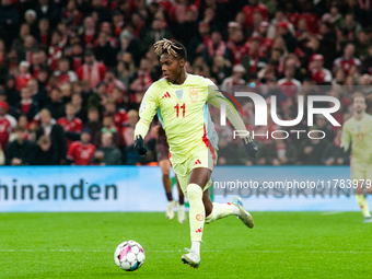 Nico Williams of Spain controls the ball during the Nations League Round 5 match between Denmark and Spain at Parken Stadium in Copenhagen,...