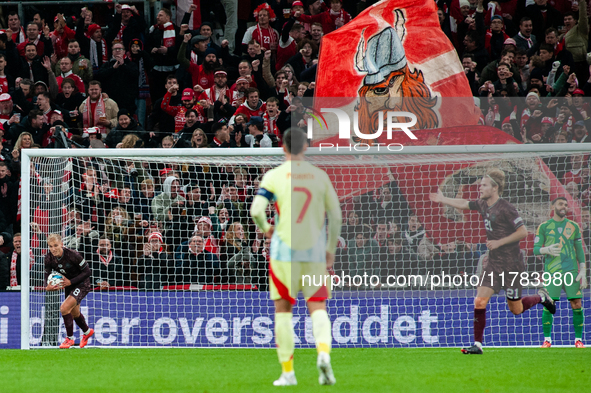 Gustav Isaksen of Denmark celebrates the team's first goal during the Nations League Round 5 match between Denmark and Spain at Parken Stadi...