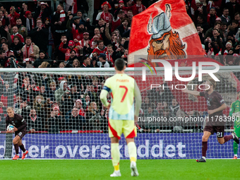 Gustav Isaksen of Denmark celebrates the team's first goal during the Nations League Round 5 match between Denmark and Spain at Parken Stadi...