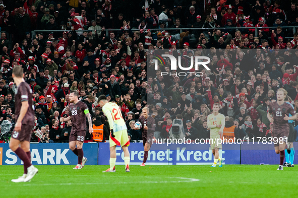 Gustav Isaksen of Denmark celebrates the team's first goal during the Nations League Round 5 match between Denmark and Spain at Parken Stadi...