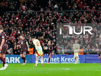 Gustav Isaksen of Denmark celebrates the team's first goal during the Nations League Round 5 match between Denmark and Spain at Parken Stadi...