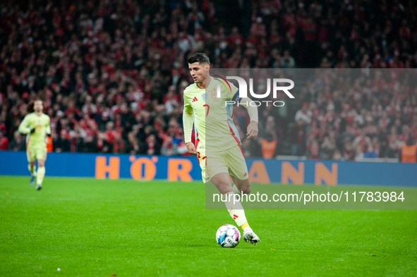 Alvaro Morata of Spain controls the ball during the Nations League Round 5 match between Denmark and Spain at Parken Stadium in Copenhagen,...