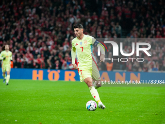 Alvaro Morata of Spain controls the ball during the Nations League Round 5 match between Denmark and Spain at Parken Stadium in Copenhagen,...