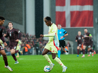 Nico Williams of Spain controls the ball during the Nations League Round 5 match between Denmark and Spain at Parken Stadium in Copenhagen,...