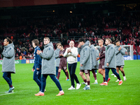 On November 15, 2024, in Copenhagen, Denmark, Brian Riemer, the head coach of Denmark, talks with Christian Norgaard of Denmark at full time...