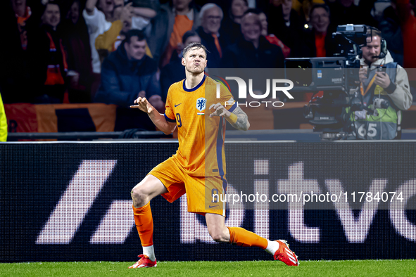 Netherlands forward Wout Weghorst scores the 1-0 and celebrates the goal during the match between the Netherlands and Hungary at the Johan C...