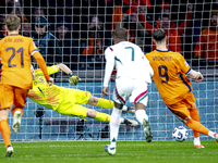 Netherlands forward Wout Weghorst scores the 1-0 during the match between the Netherlands and Hungary at the Johan Cruijff ArenA for the UEF...