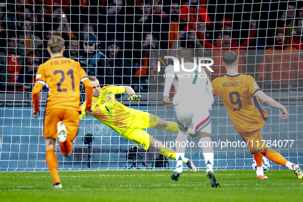 Netherlands forward Wout Weghorst scores the 1-0 during the match between the Netherlands and Hungary at the Johan Cruijff ArenA for the UEF...