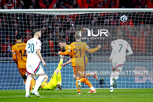 Netherlands forward Wout Weghorst scores the 1-0 during the match between the Netherlands and Hungary at the Johan Cruijff ArenA for the UEF...